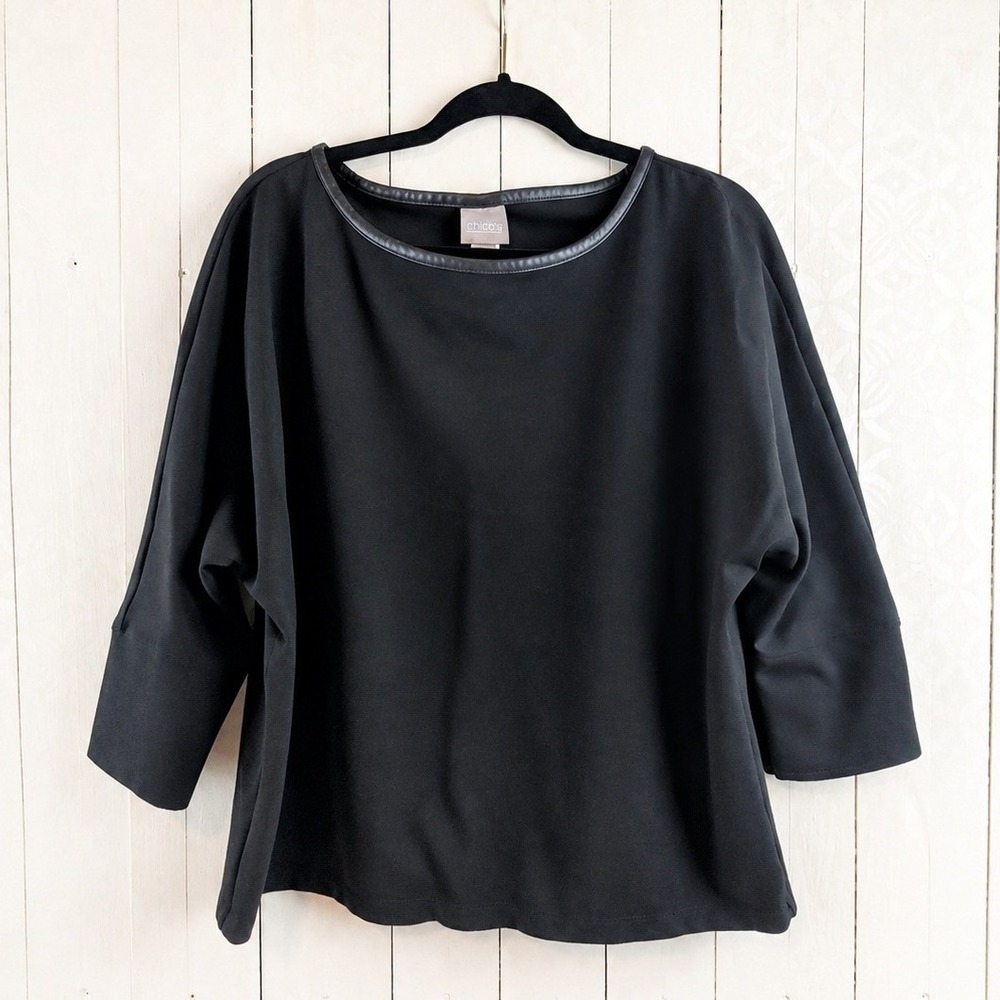 Chico's Boat Neck Top Women Size 2 (Large) Black Faux Leather Trim Dolman Sleeve